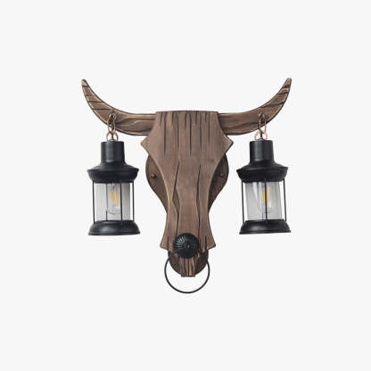 Lampada da Parete Austin Forma di Toro Vintage, 2 Teste Legno/Metallo, Camera da Letto