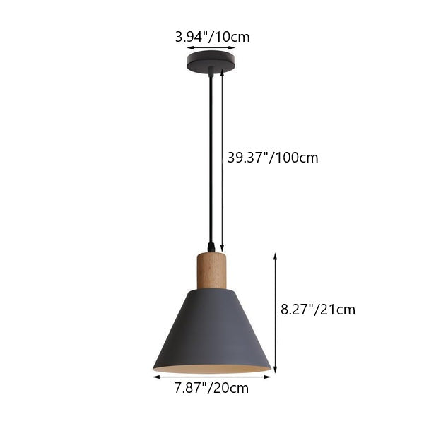Lampada a sospensione tradizionale vintage in ferro e legno massello con paralume rotondo a cono per soggiorno