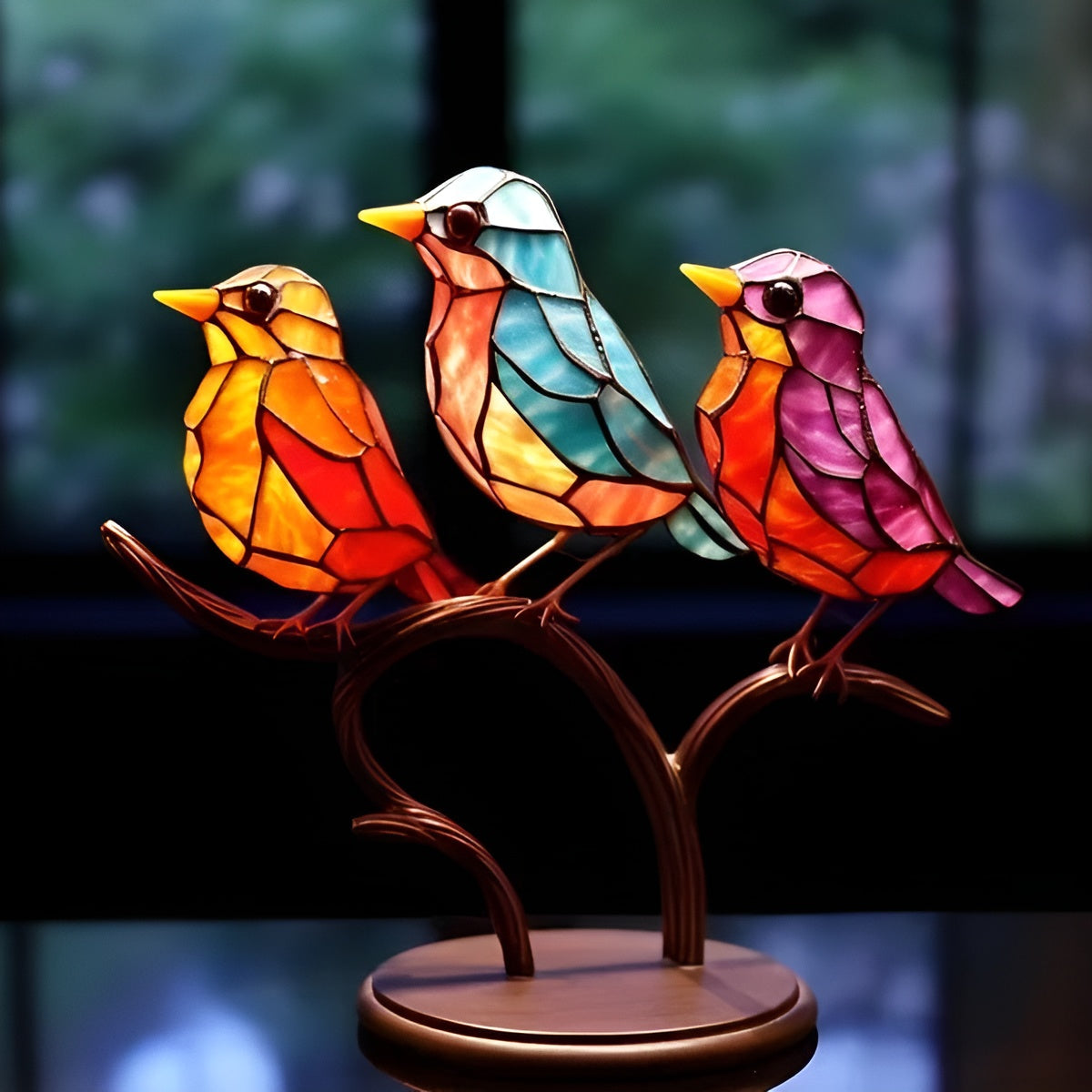 Decorazione di Uccelli in Vetro Colorato su Supporto in Metallo