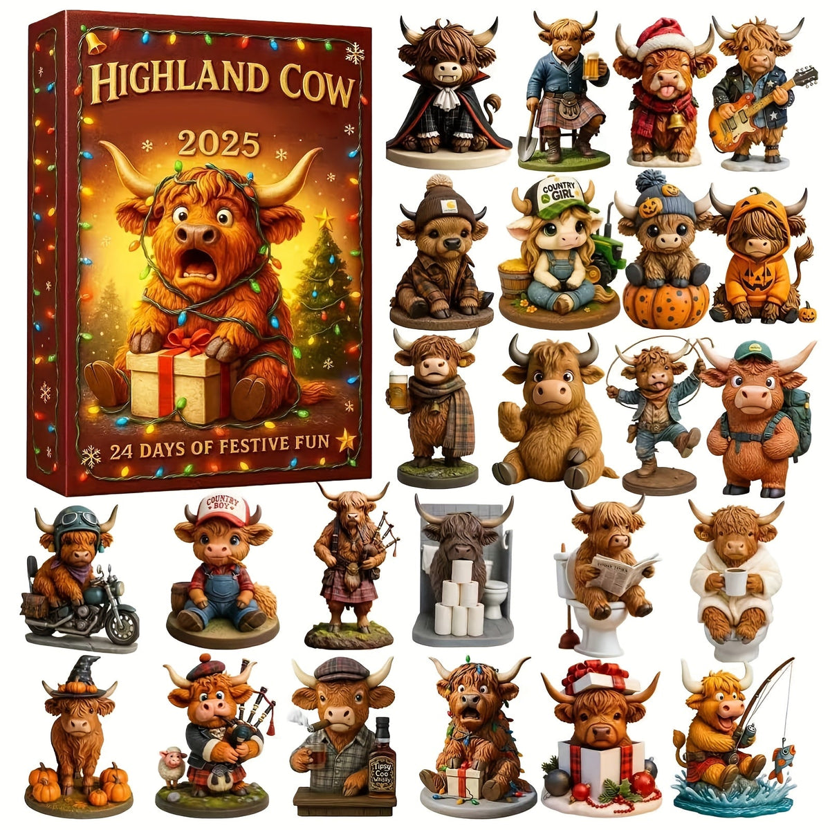 HighlandJoy | Calendario dell'Avvento 3D Mucca delle Highlands 2025 Esperienza Natalizia Unica 24 Figure