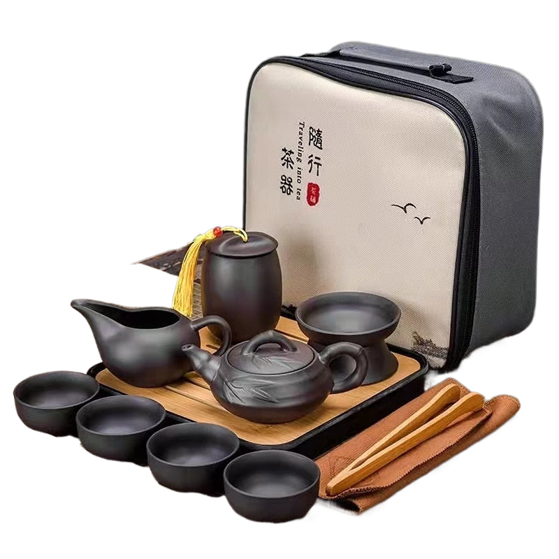 SteepCase - Set da tè da viaggio in 9 pezzi con custodia e finitura scura