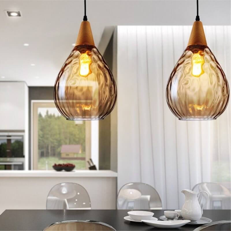 Moderna Lampada a Sospensione Rotonda Minimalista in Vetro e Legno con Effetto Acqua per Camera da Letto