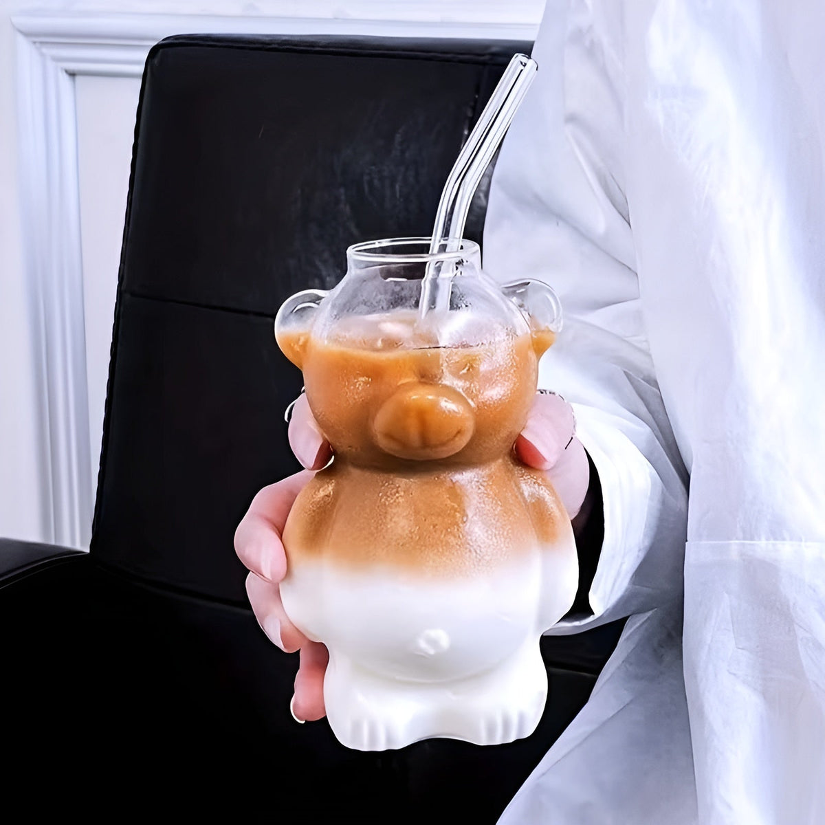Set di bicchieri in vetro Bär (2 pezzi) – Design carino in vetro borosilicato | Con cannuccia in vetro per caffè e cocktail