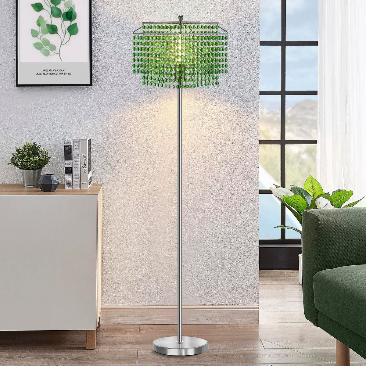 Lampada da Terra in Cristallo 164 cm – Lampada da Terra Argento con Paralume Doppio Verde