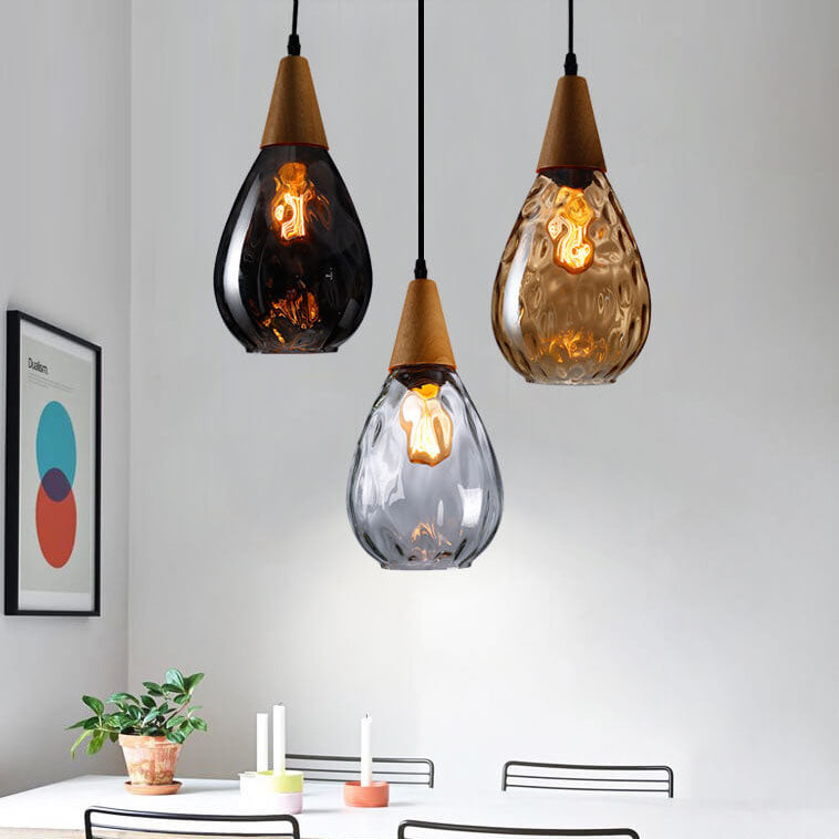 Moderna Lampada a Sospensione Rotonda Minimalista in Vetro e Legno con Effetto Acqua per Camera da Letto