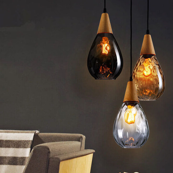 Moderna Lampada a Sospensione Rotonda Minimalista in Vetro e Legno con Effetto Acqua per Camera da Letto