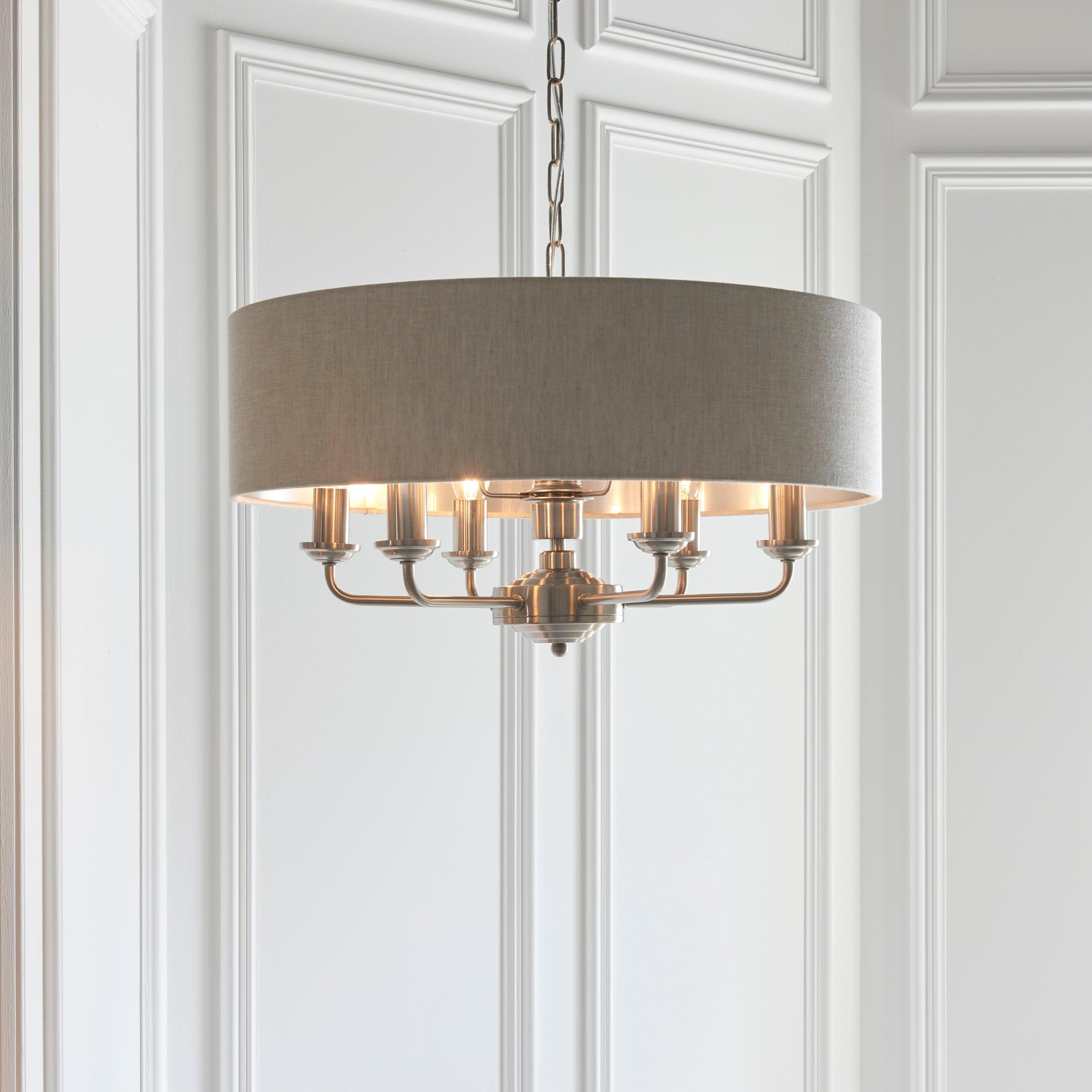 Pendente Endon Highclere in Cromo Spazzolato a 6 Luci - Paralume in Lino Naturale