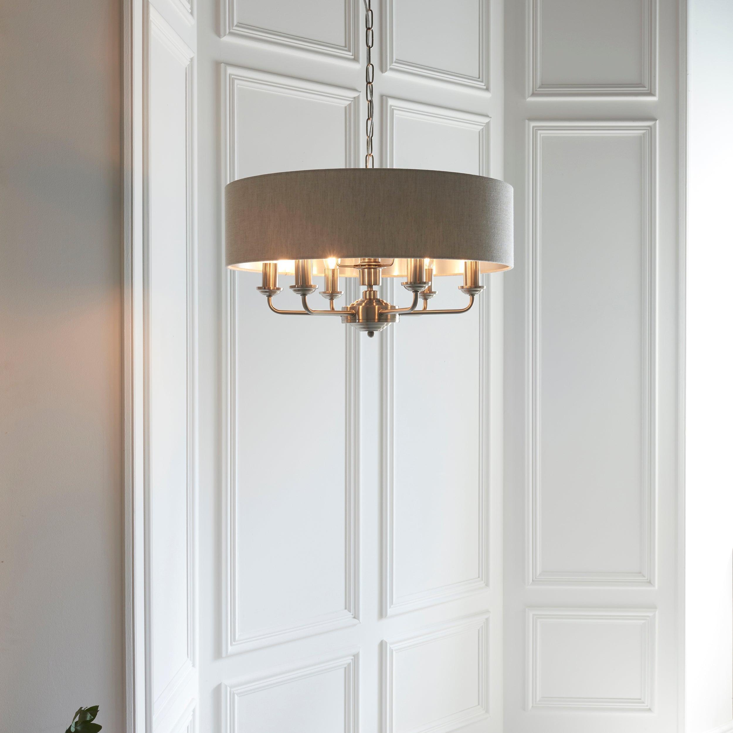 Pendente Endon Highclere in Cromo Spazzolato a 6 Luci - Paralume in Lino Naturale