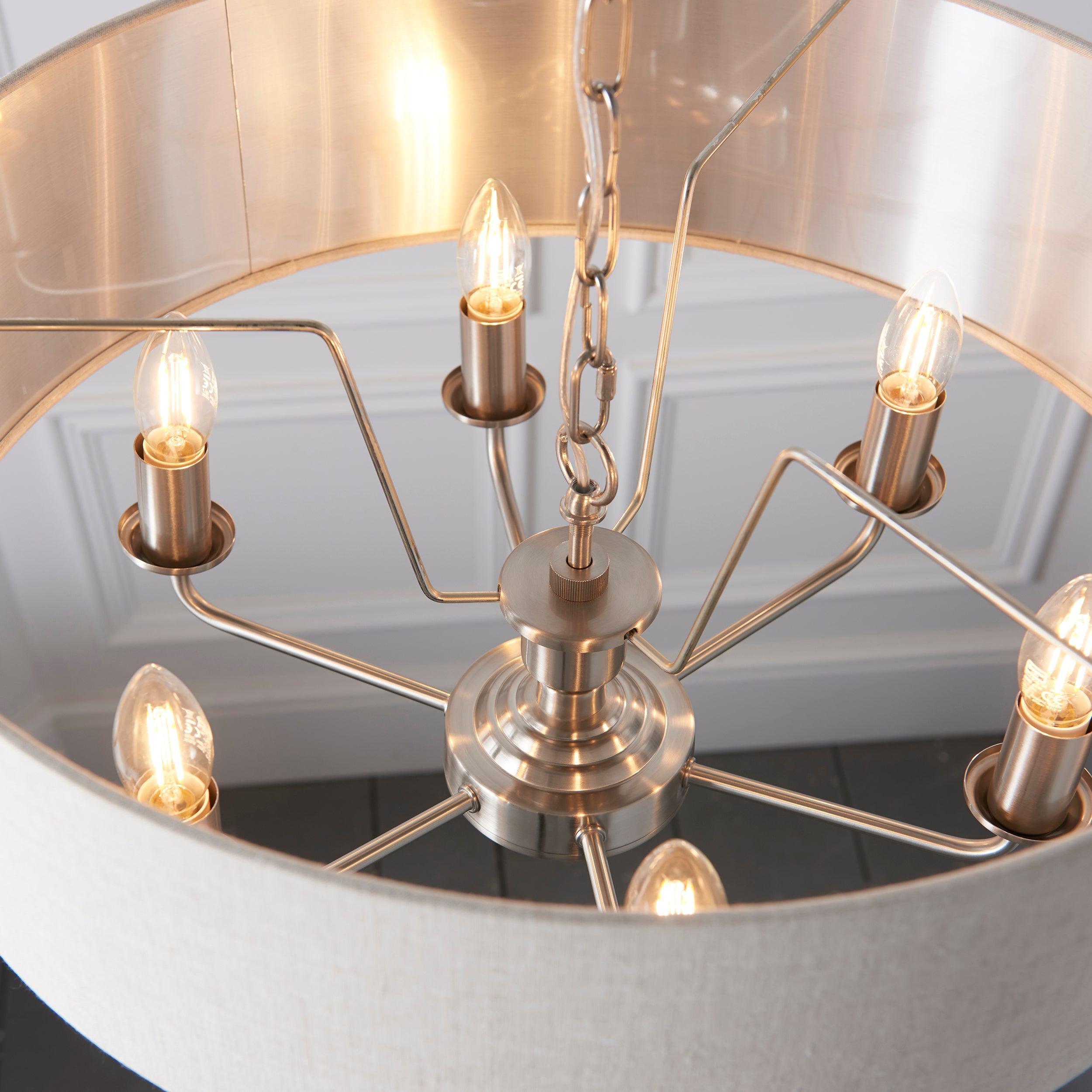 Pendente Endon Highclere in Cromo Spazzolato a 6 Luci - Paralume in Lino Naturale