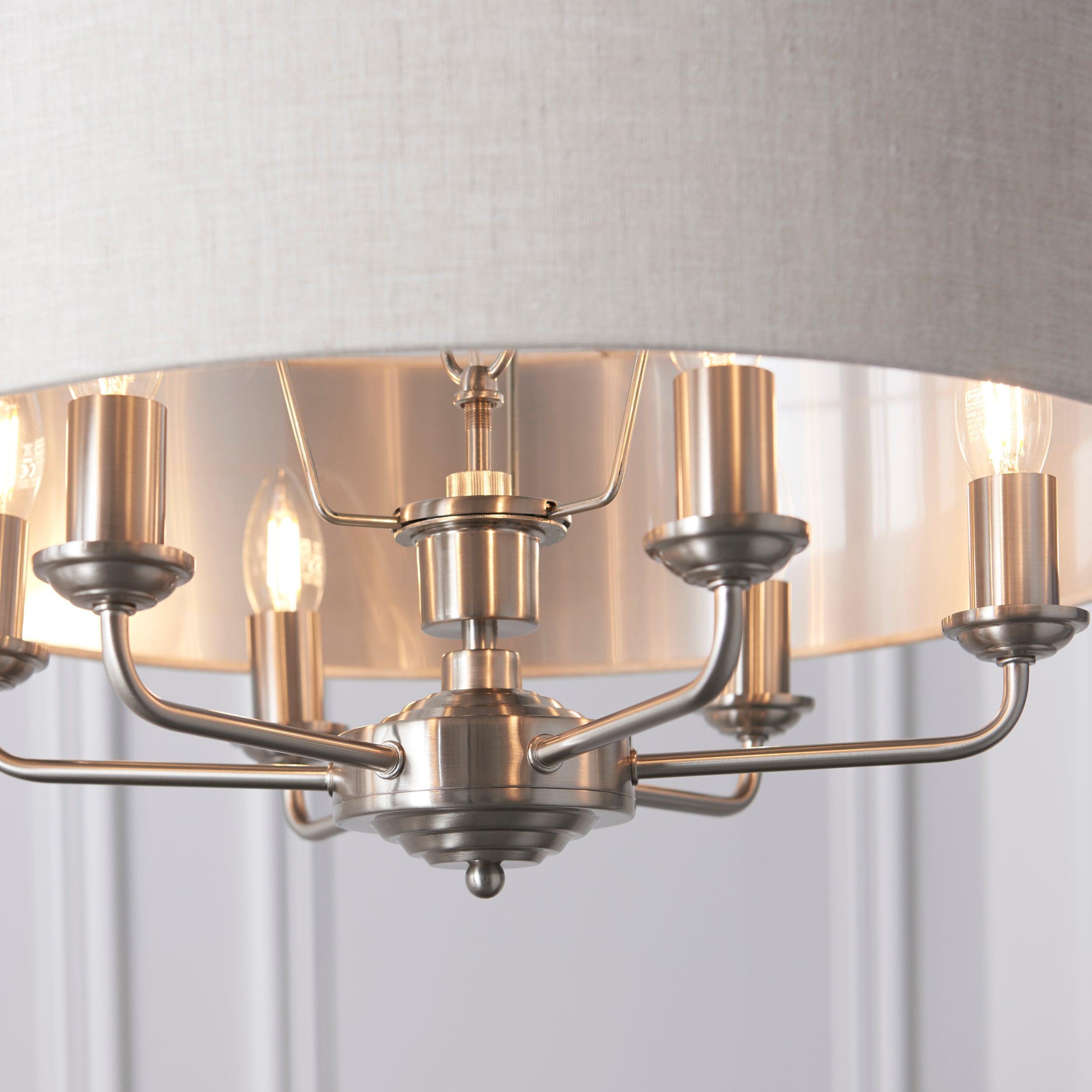 Pendente Endon Highclere in Cromo Spazzolato a 6 Luci - Paralume in Lino Naturale