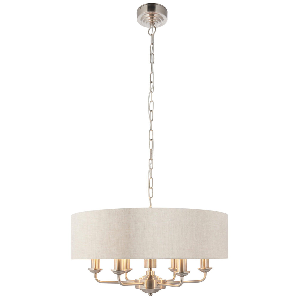 Pendente Endon Highclere in Cromo Spazzolato a 6 Luci - Paralume in Lino Naturale