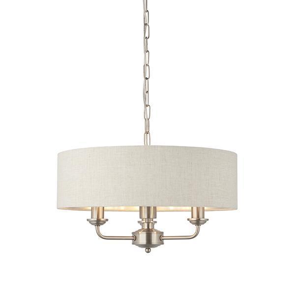 Lampadario Endon Highclere in Cromo Spazzolato con 3 Luci - Paralume in Lino Naturale