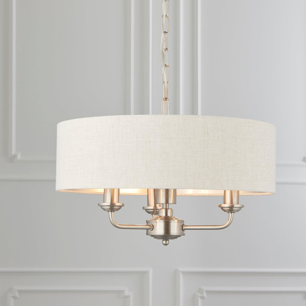 Lampadario Endon Highclere in Cromo Spazzolato con 3 Luci - Paralume in Lino Naturale