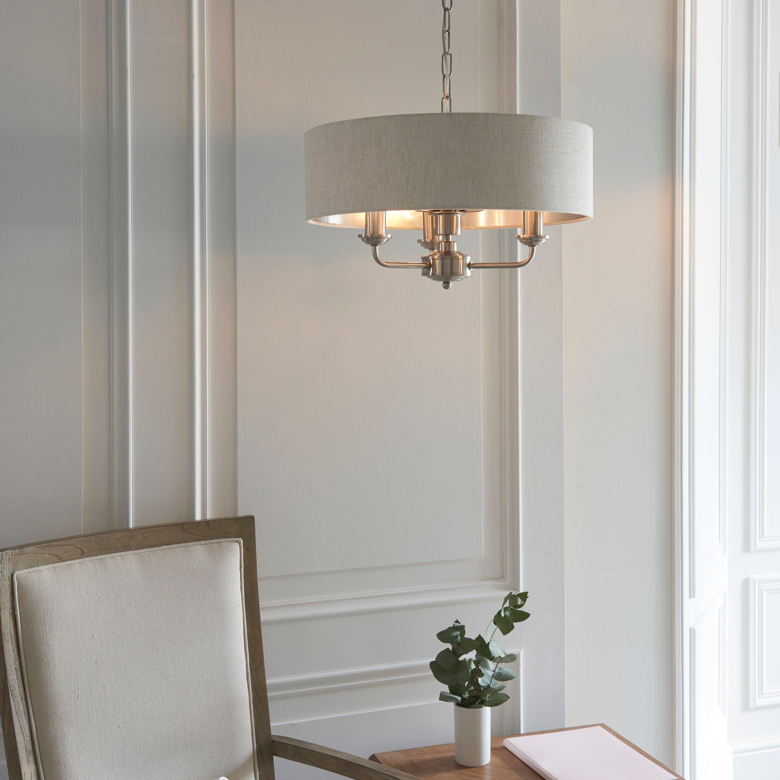 Lampadario Endon Highclere in Cromo Spazzolato con 3 Luci - Paralume in Lino Naturale