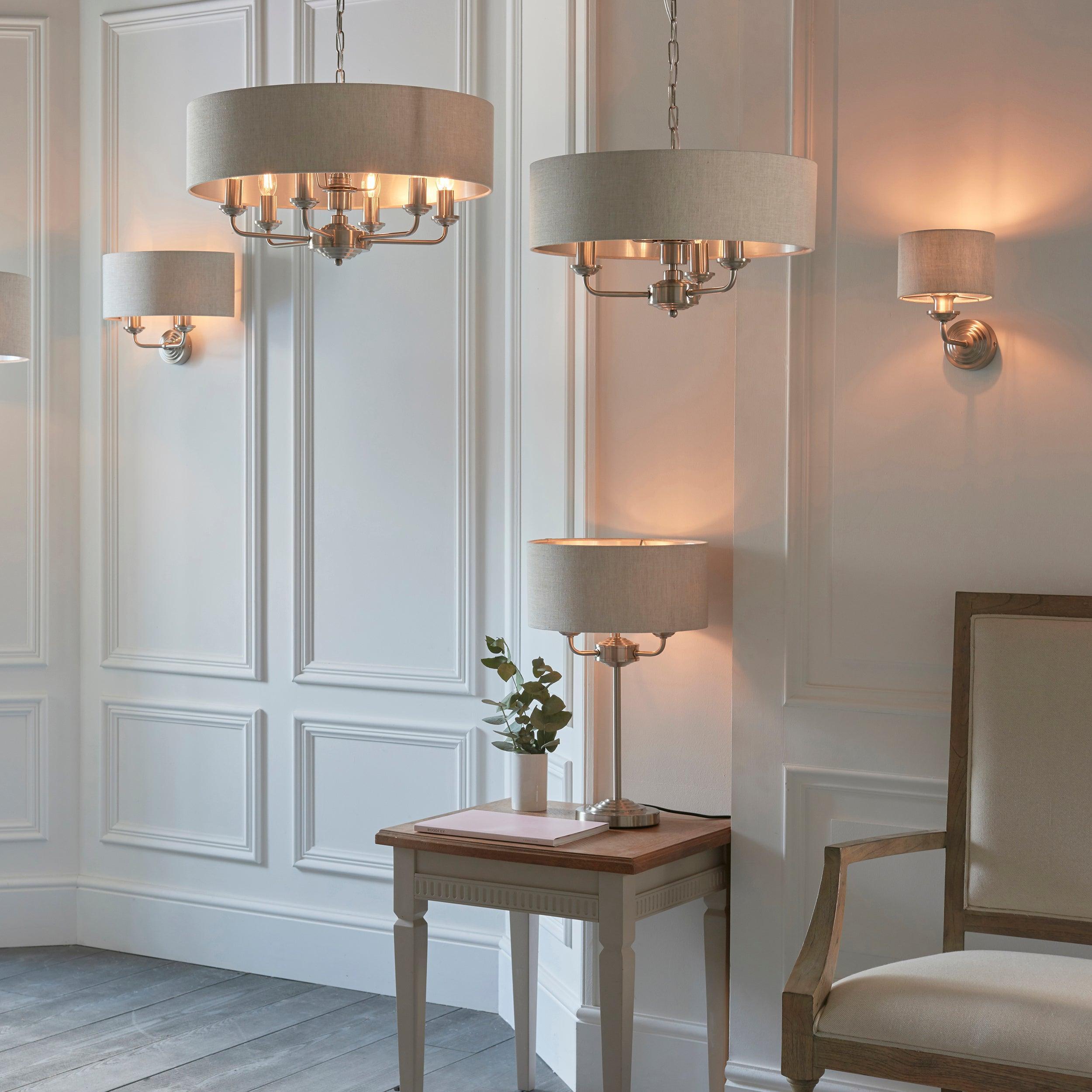 Lampadario Endon Highclere in Cromo Spazzolato con 3 Luci - Paralume in Lino Naturale