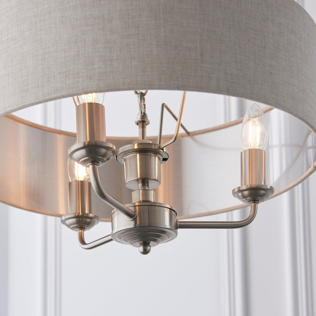 Lampadario Endon Highclere in Cromo Spazzolato con 3 Luci - Paralume in Lino Naturale