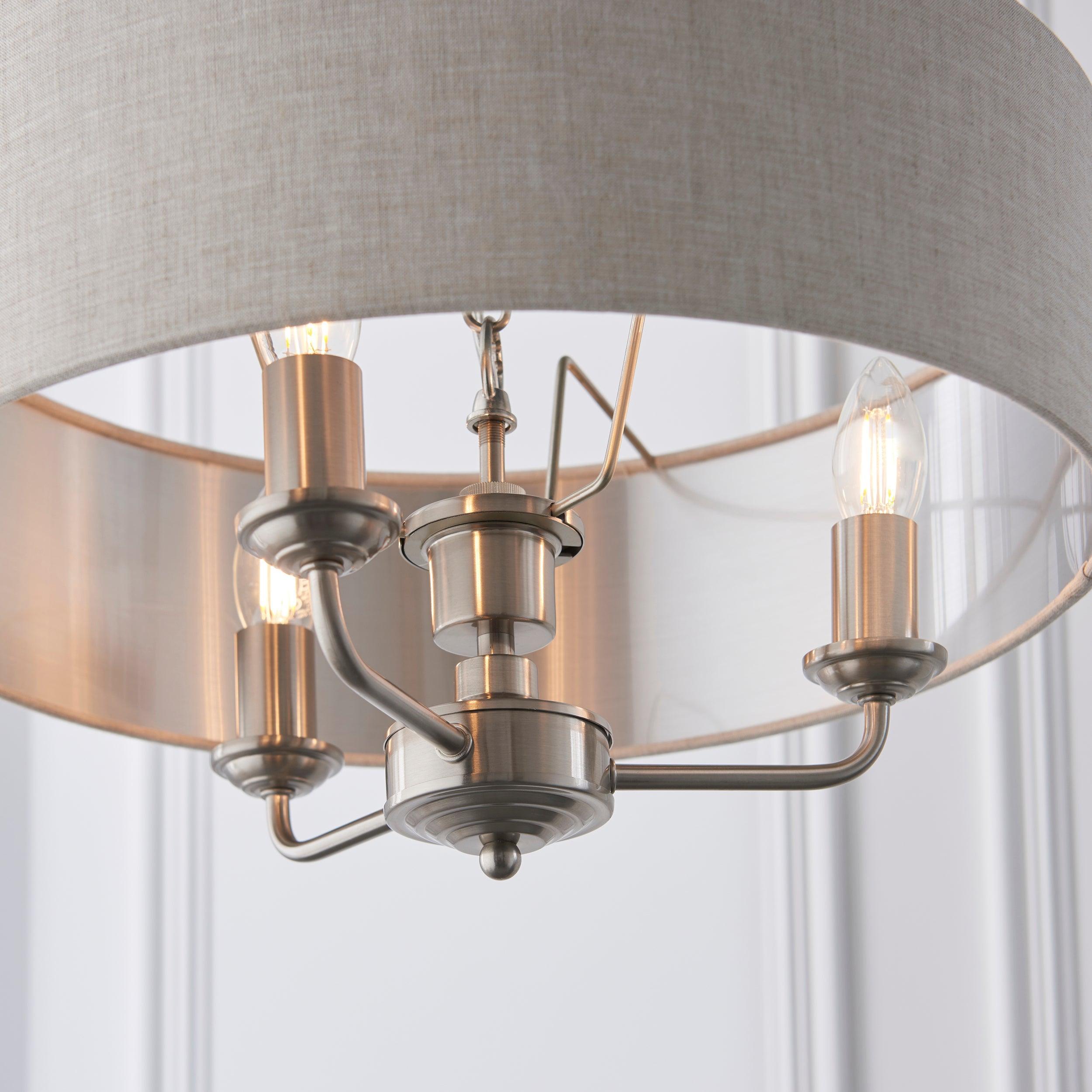 Lampadario Endon Highclere in Cromo Spazzolato con 3 Luci - Paralume in Lino Naturale
