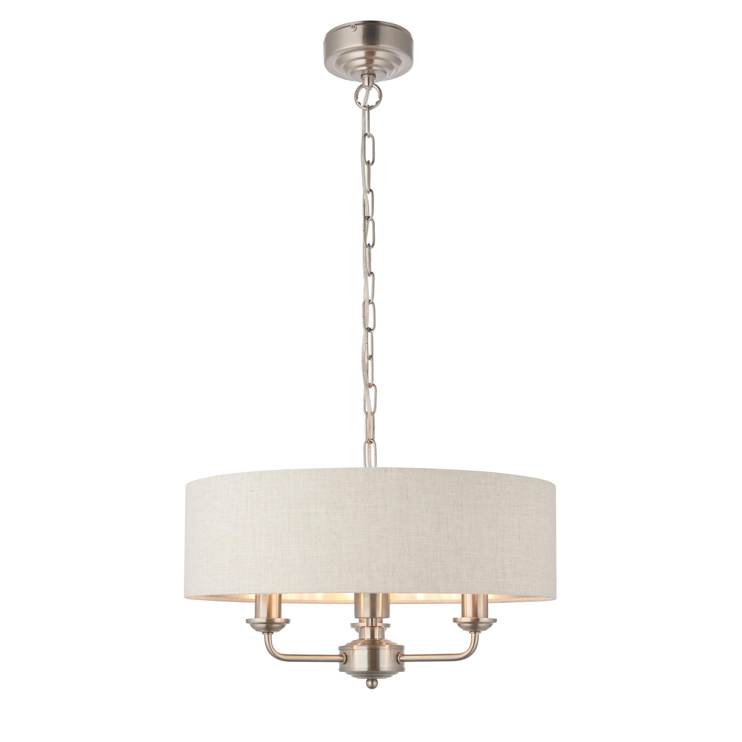 Lampadario Endon Highclere in Cromo Spazzolato con 3 Luci - Paralume in Lino Naturale