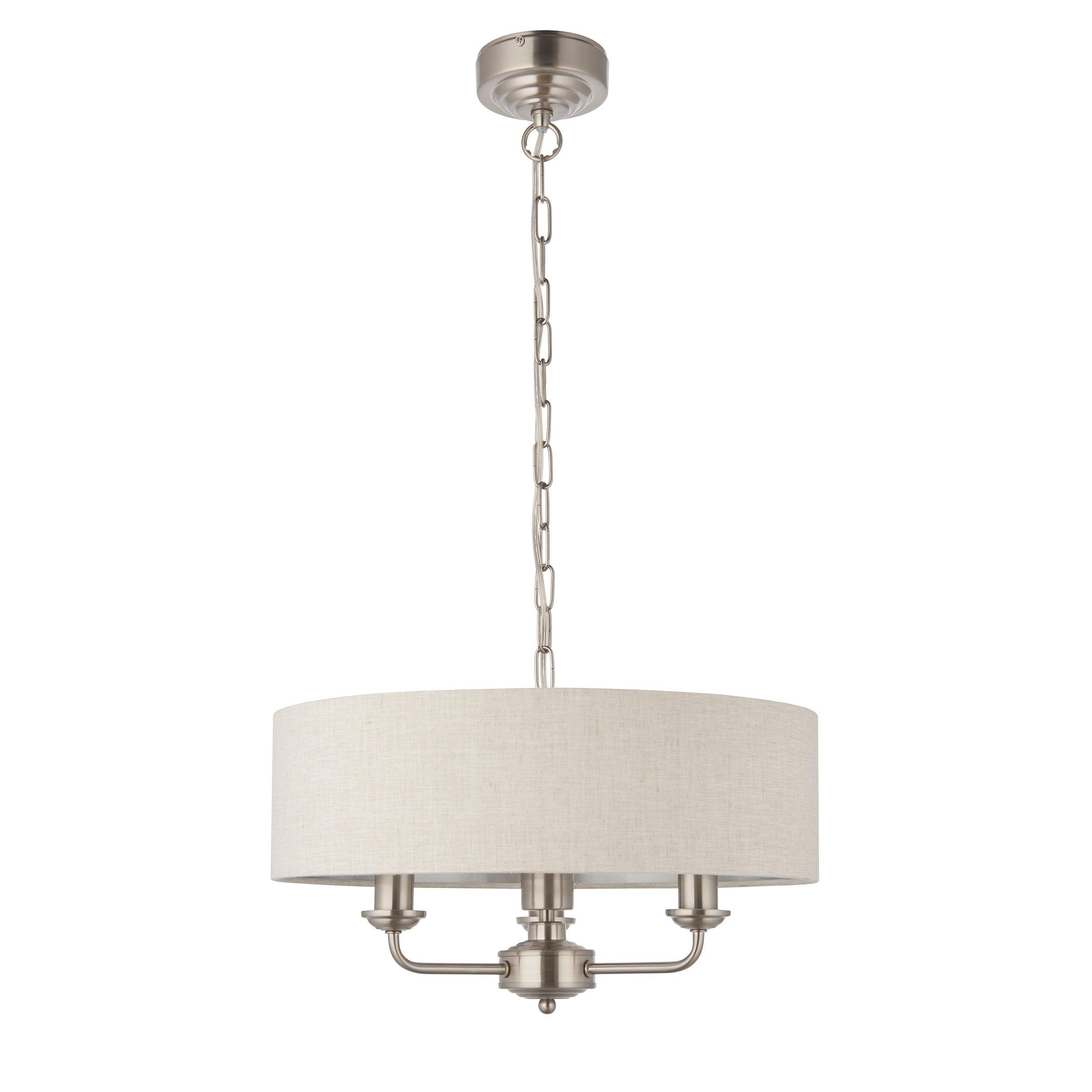 Lampadario Endon Highclere in Cromo Spazzolato con 3 Luci - Paralume in Lino Naturale