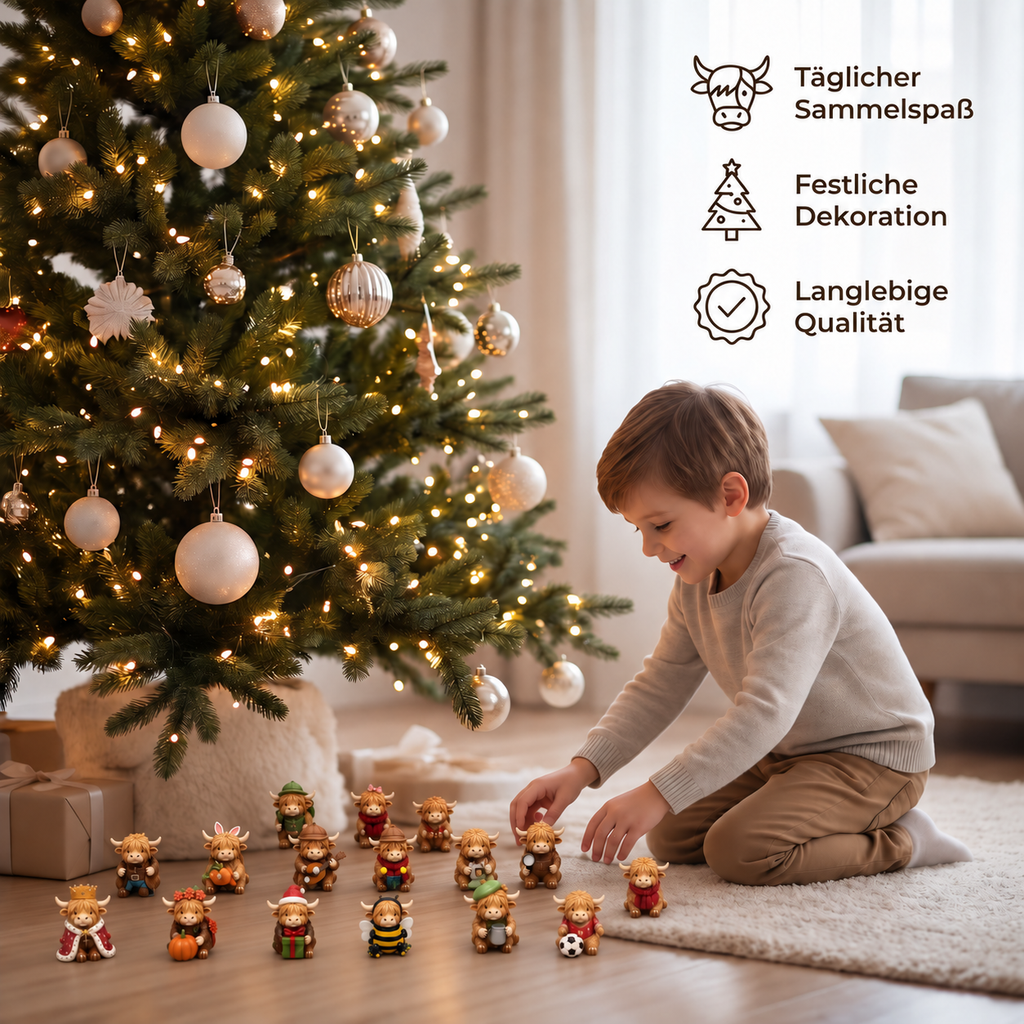 Calendario dell'Avvento di 24 giorni con bovini Highland come mini-figure collezionabili