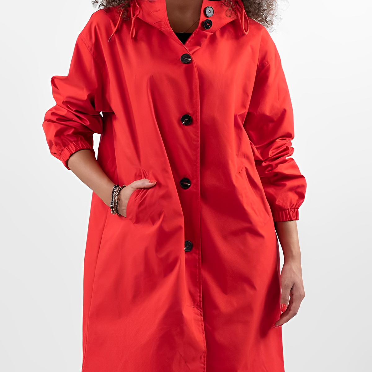 Giacca Impermeabile Lunga da Donna – Giacca Leggera con Cappuccio e Cordino in Vita