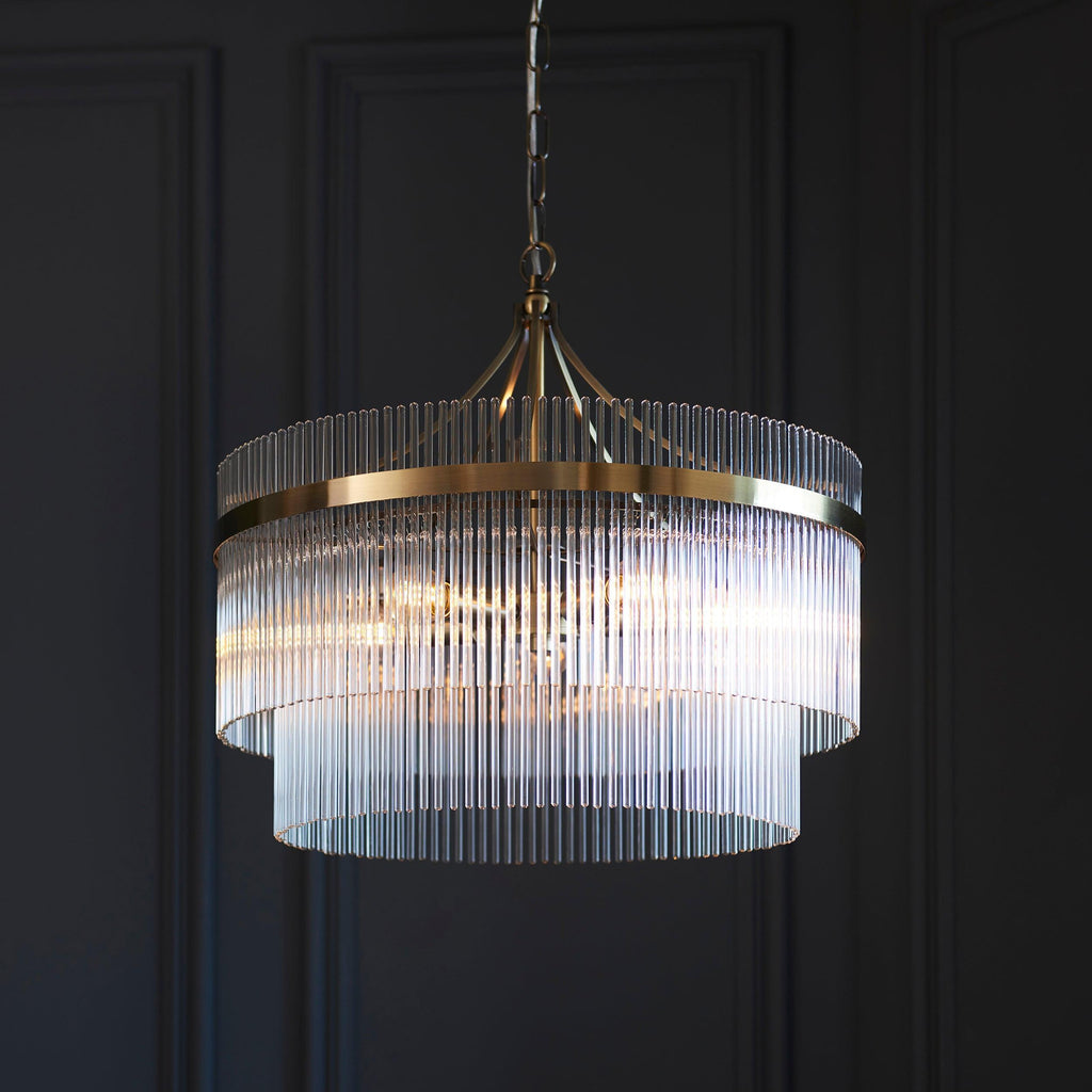 Lampadario Marietta in Ottone con 5 Luci - Aste di Vetro