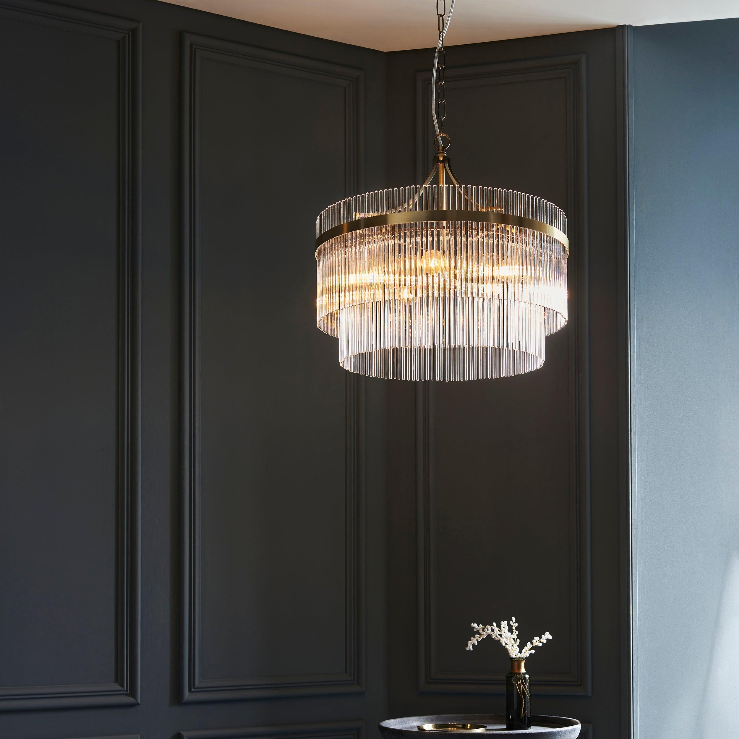 Lampadario Marietta in Ottone con 5 Luci - Aste di Vetro