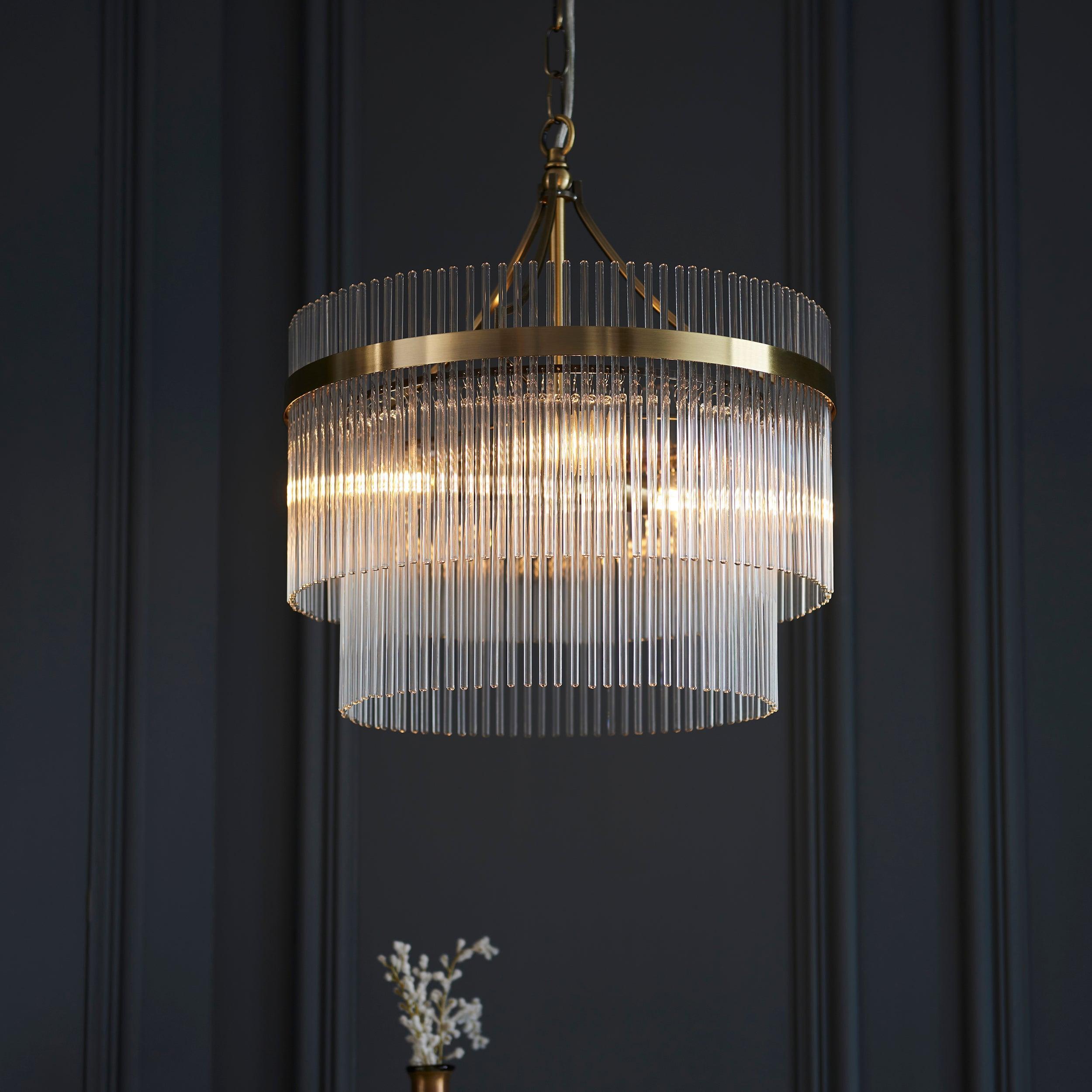 Lampadario Marietta in Ottone a 3 Luci - Aste di Vetro
