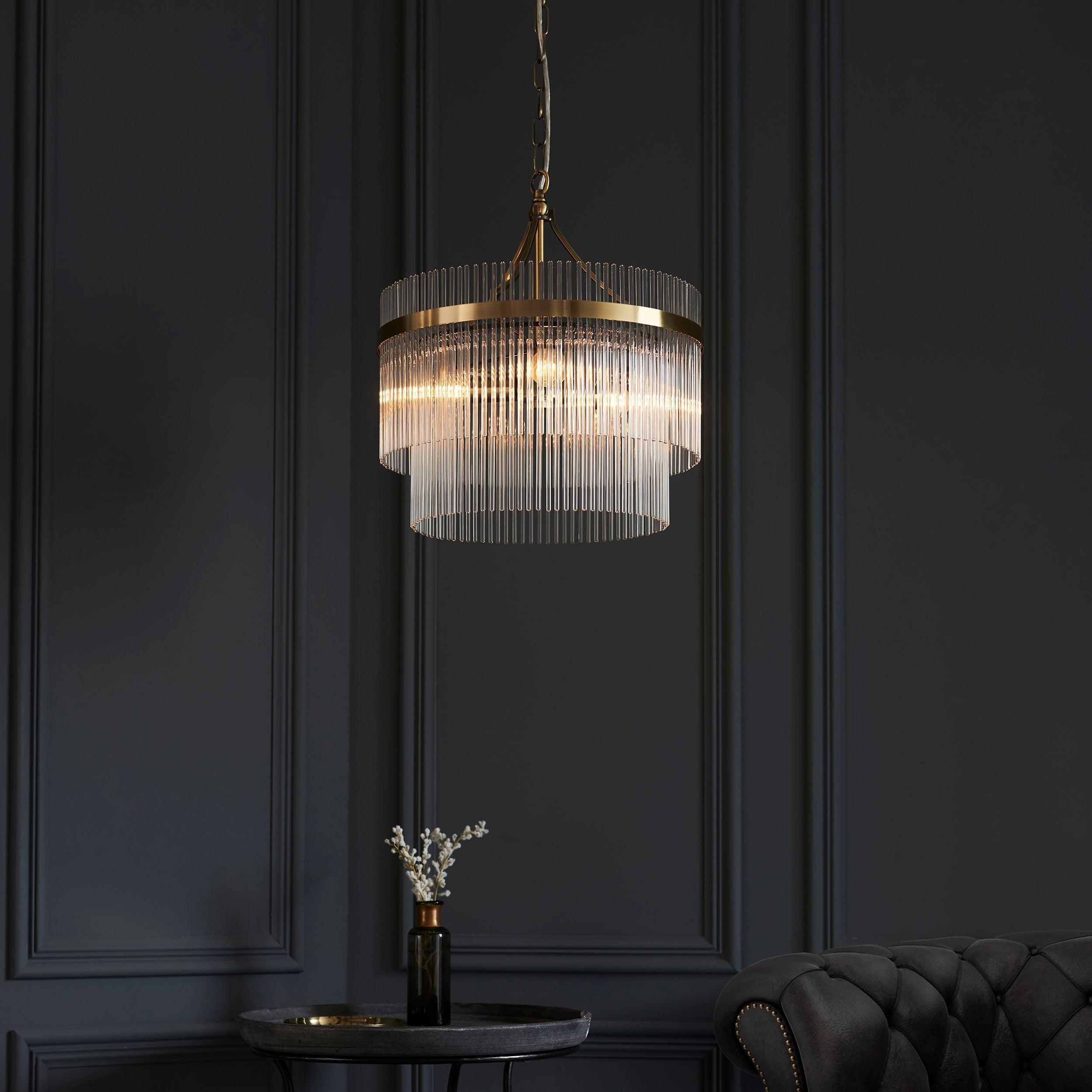 Lampadario Marietta in Ottone a 3 Luci - Aste di Vetro