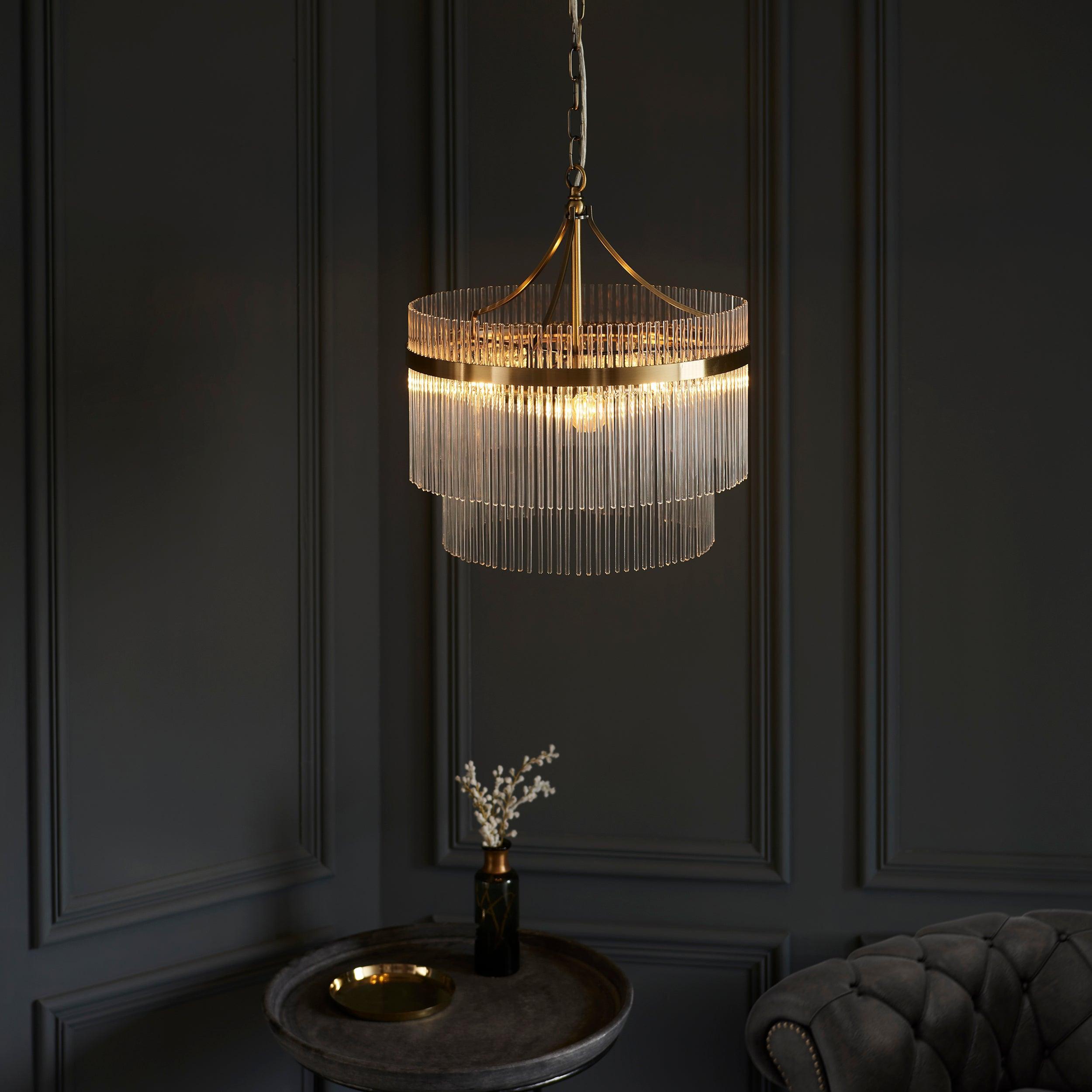 Lampadario Marietta in Ottone a 3 Luci - Aste di Vetro