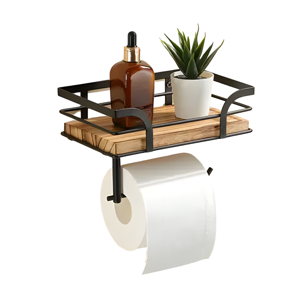 Mensola in legno con porta-rotolo – Organizzatore pratico per il bagno