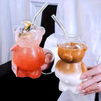 Set di bicchieri in vetro Bär (2 pezzi) – Design carino in vetro borosilicato | Con cannuccia in vetro per caffè e cocktail