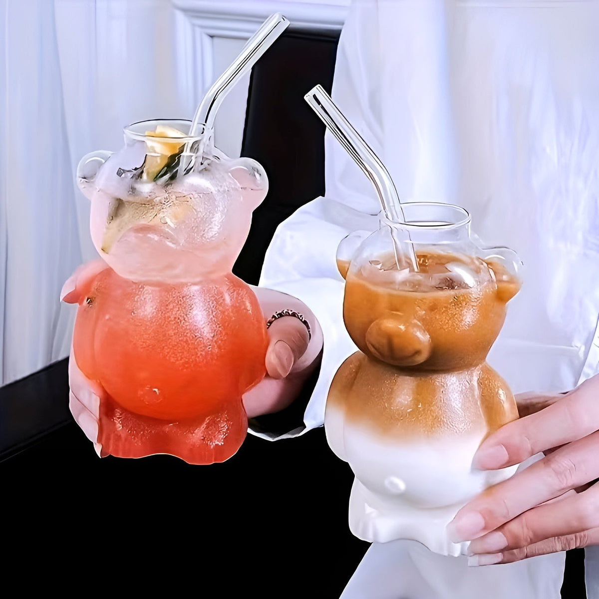 Set di bicchieri in vetro Bär (2 pezzi) – Design carino in vetro borosilicato | Con cannuccia in vetro per caffè e cocktail