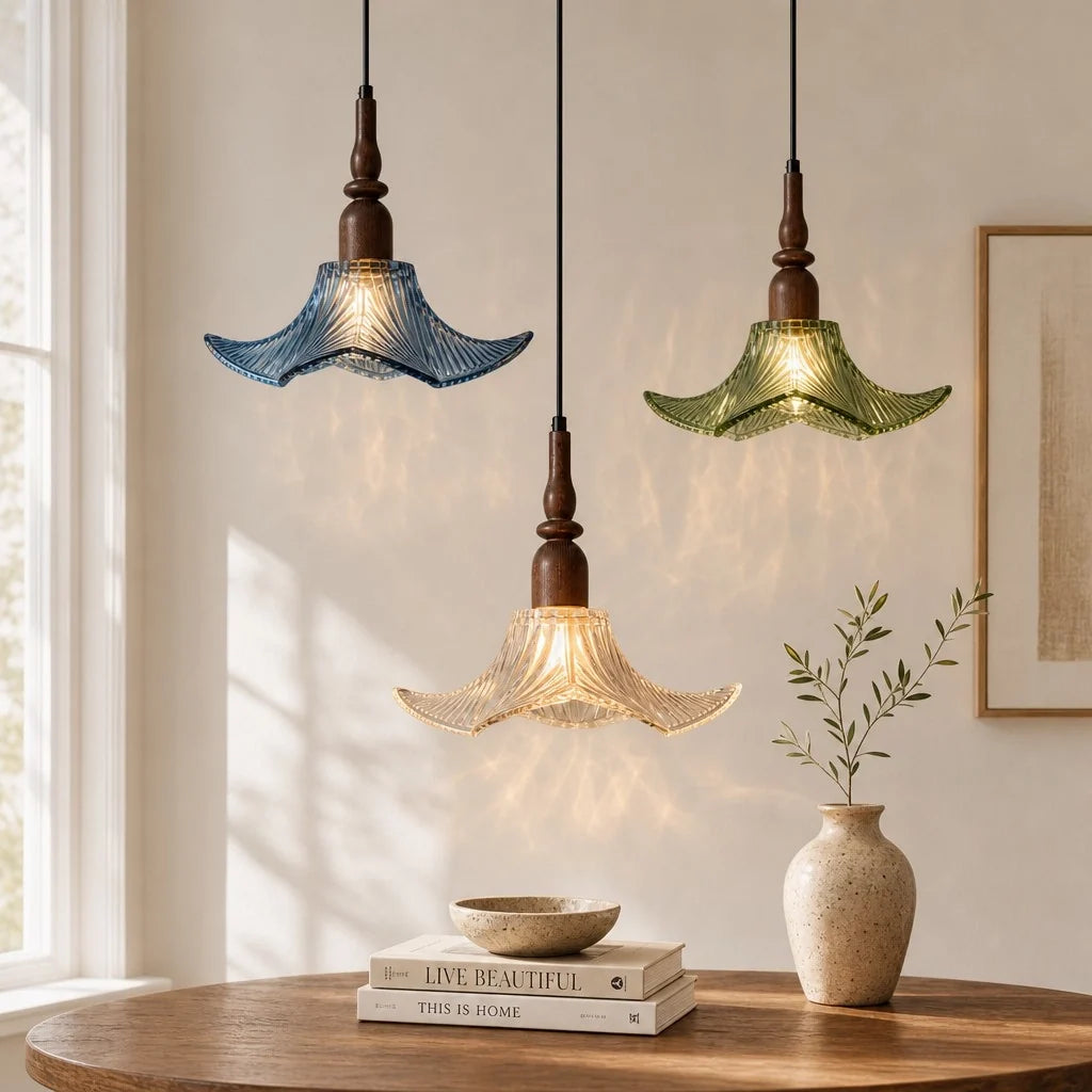 Adikia Lampadario Artistico in Vetro e Legno Moderno
