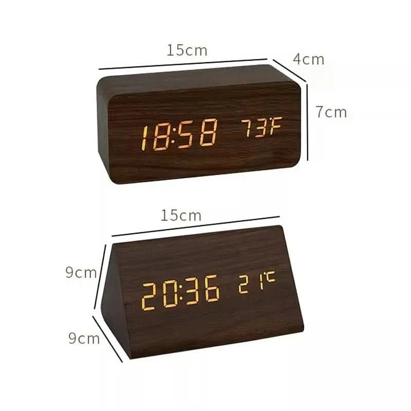 Futura Orologio Sveglia Effetto Legno LED Con Tre Allarmi Indicatore di Temperatura Luminosità Regolabile