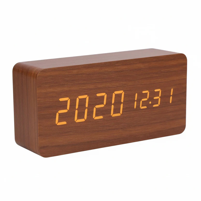 Futura Orologio Sveglia Effetto Legno LED Con Tre Allarmi Indicatore di Temperatura Luminosità Regolabile