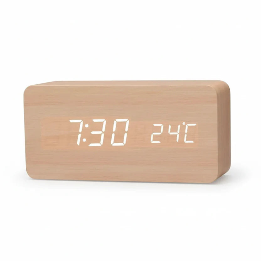Futura Orologio Sveglia Effetto Legno LED Con Tre Allarmi Indicatore di Temperatura Luminosità Regolabile