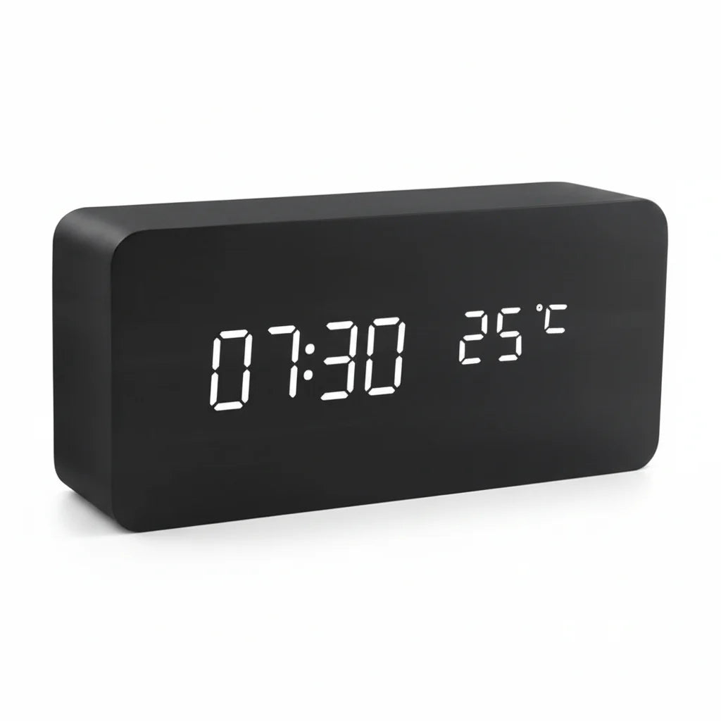 Futura Orologio Sveglia Effetto Legno LED Con Tre Allarmi Indicatore di Temperatura Luminosità Regolabile