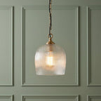 Lampadario in Ottone con Ombrello in Vetro Rigato Ashcroft