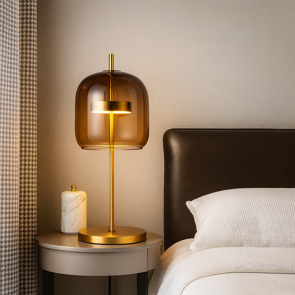Lampada da Tavolo con Cupola di Vetro e Stelo in Ferro Dorato con Base Rotonda