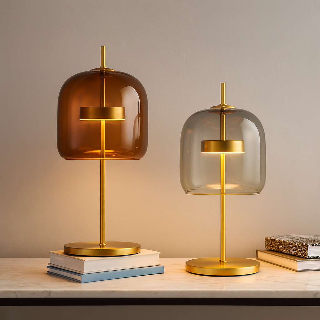 Lampada da Tavolo con Cupola di Vetro e Stelo in Ferro Dorato con Base Rotonda
