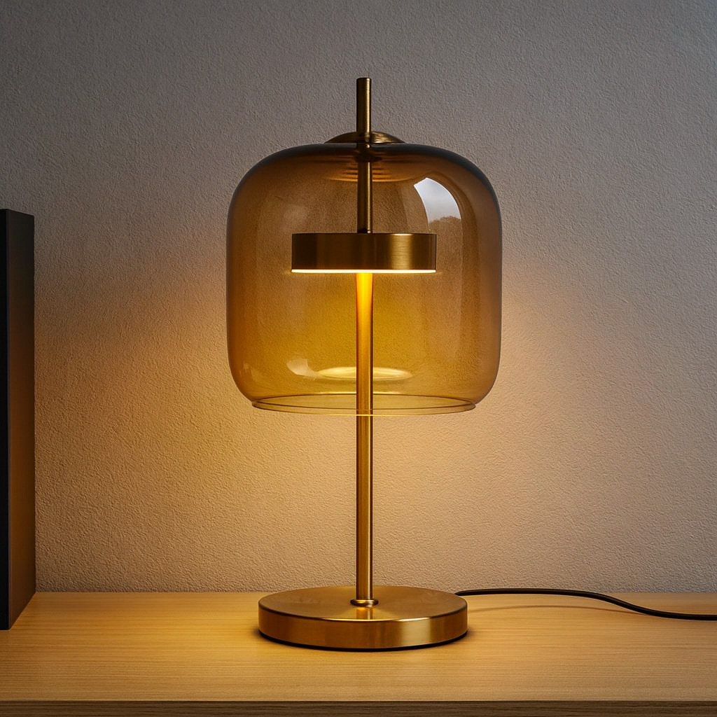 Lampada da Tavolo con Cupola di Vetro e Stelo in Ferro Dorato con Base Rotonda
