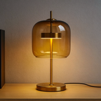 Lampada da Tavolo con Cupola di Vetro e Stelo in Ferro Dorato con Base Rotonda