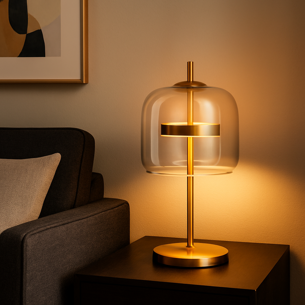 Lampada da Tavolo con Cupola di Vetro e Stelo in Ferro Dorato con Base Rotonda