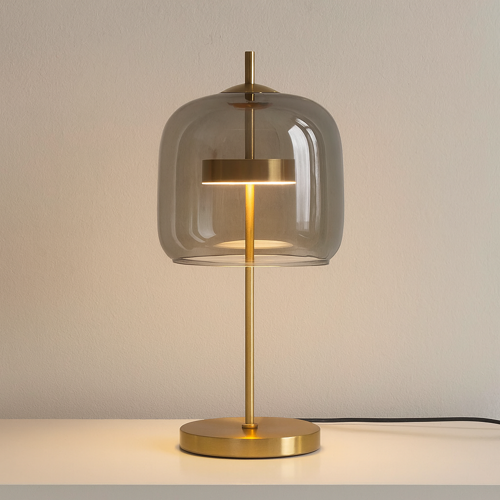 Lampada da Tavolo con Cupola di Vetro e Stelo in Ferro Dorato con Base Rotonda