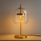 Lampada da Tavolo con Cupola di Vetro e Stelo in Ferro Dorato con Base Rotonda