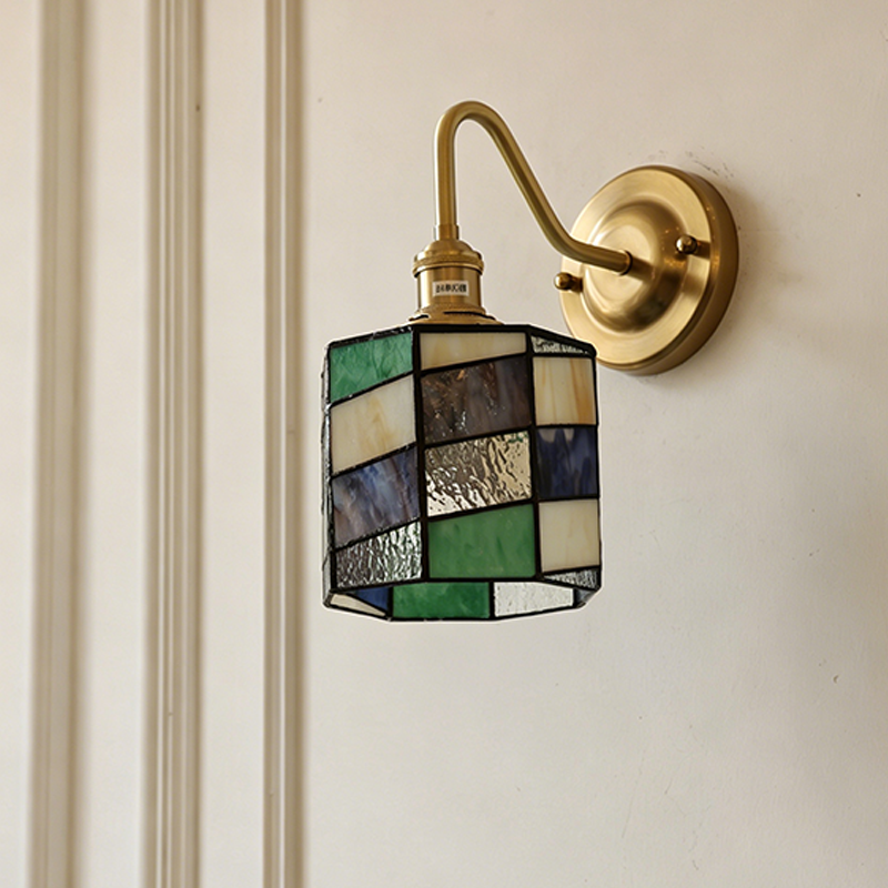 Applique a parete Tiffany rotonda tradizionale in vetro di rame con 1 luce per soggiorno