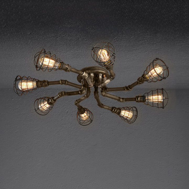 Lampada da soffitto rotonda in ferro industriale vintage con tubo d'acqua, 4/6/8 luci
