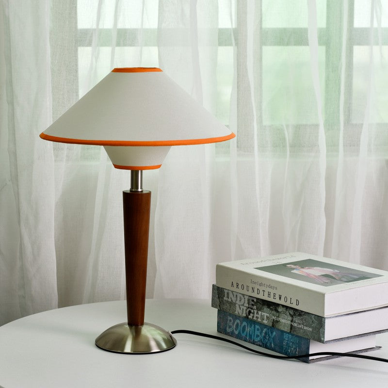 Lampada da Tavolo Contemporanea a Forma di Disco Volante Scandinavo in Legno Bianco con Tessuto e Hardware, 1 Luce per Camera da Letto