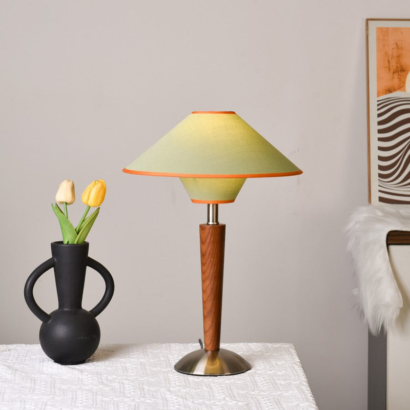 Lampada da Tavolo Contemporanea a Forma di Disco Volante Scandinavo in Legno Bianco con Tessuto e Hardware, 1 Luce per Camera da Letto